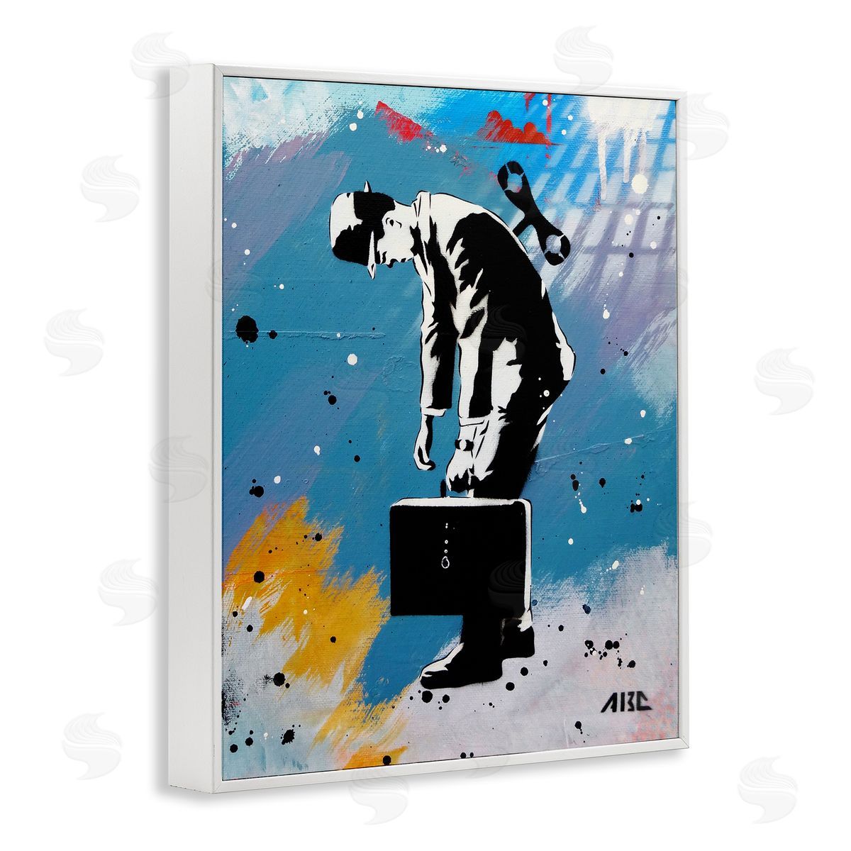 AbcArtAttack Street Wind Up Toy Businessman Modern Splatter  White Framed Giclee Wall Art Print