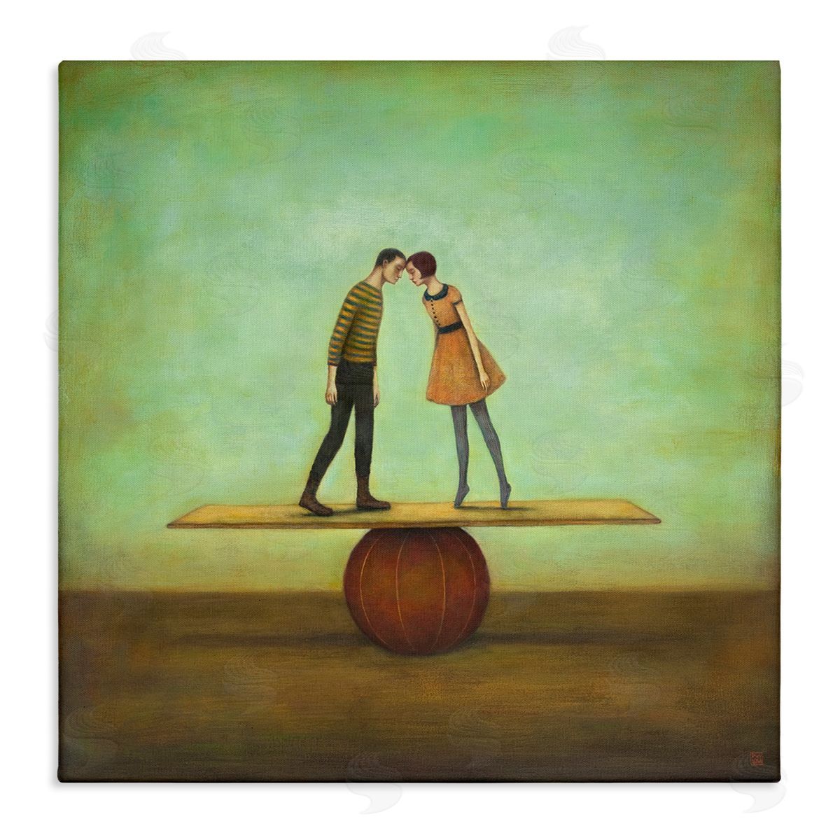 Duy Huynh Surreal People Balancing Red Ball Together Painting  Stretched Canvas Wall Art Print