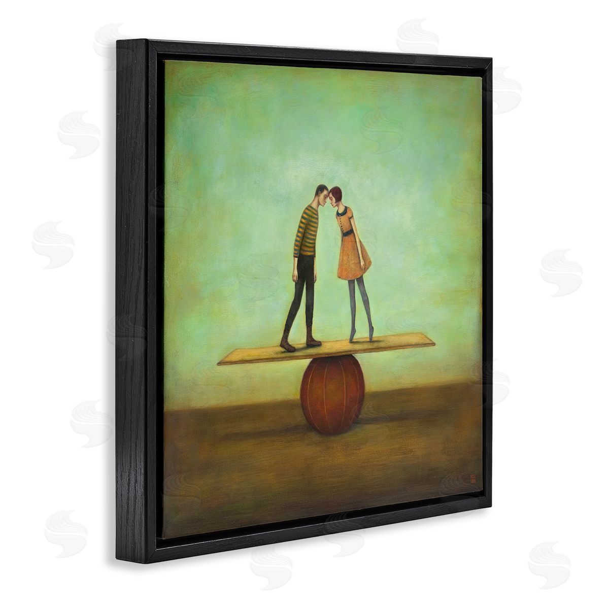 Duy Huynh Surreal People Balancing Red Ball Together Painting  Black Floating Frame Canvas Wall Art Print