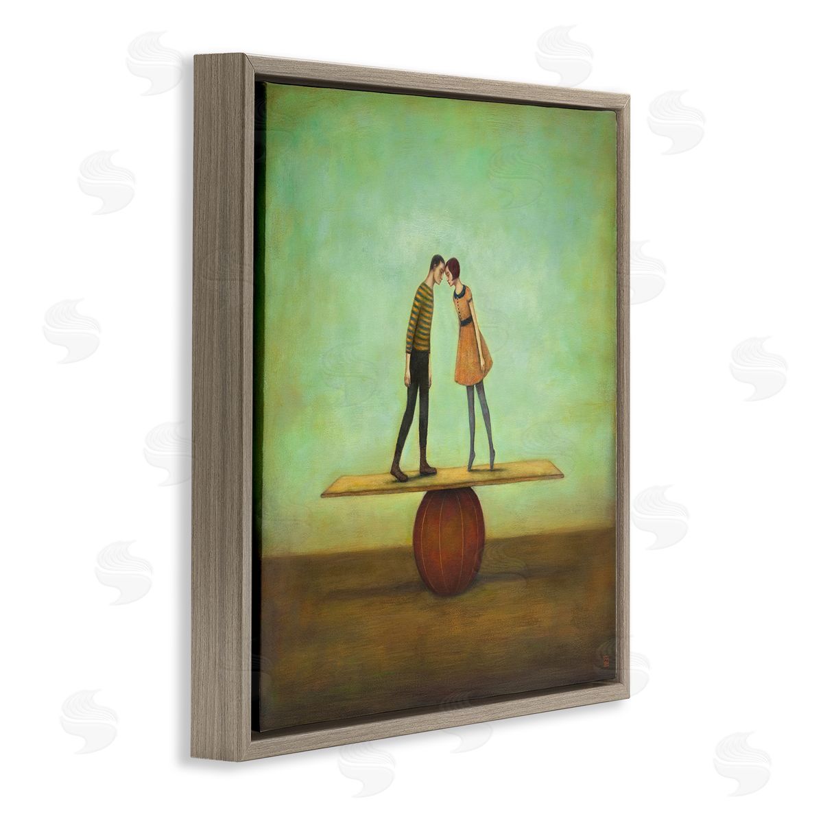Duy Huynh Surreal People Balancing Red Ball Together Painting  Brown Floating Frame Canvas Wall Art Print