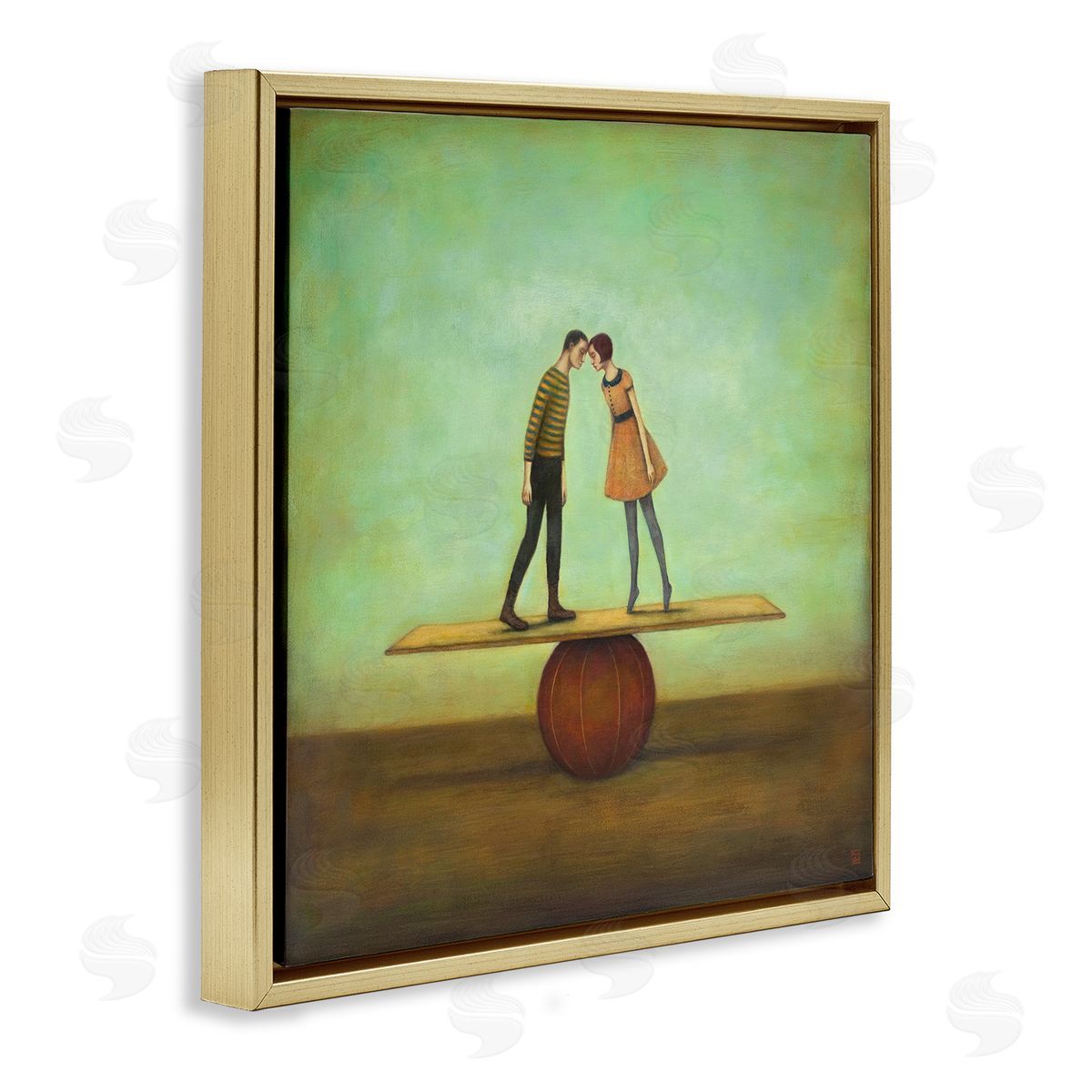 Duy Huynh Surreal People Balancing Red Ball Together Painting  Gold Floating Frame Canvas Wall Art Print