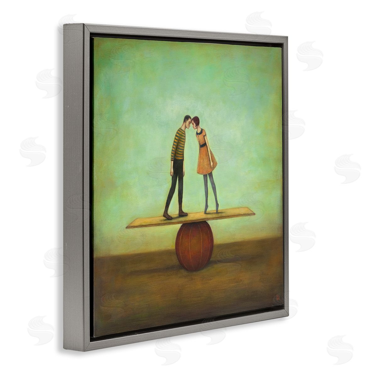 Duy Huynh Surreal People Balancing Red Ball Together Painting  Gray Floating Frame Canvas Wall Art Print