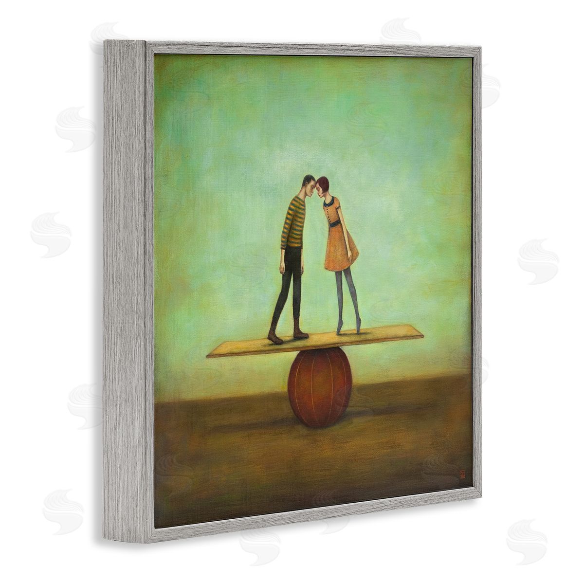 Duy Huynh Surreal People Balancing Red Ball Together Painting  Gray Framed Glicee Wall Art Print