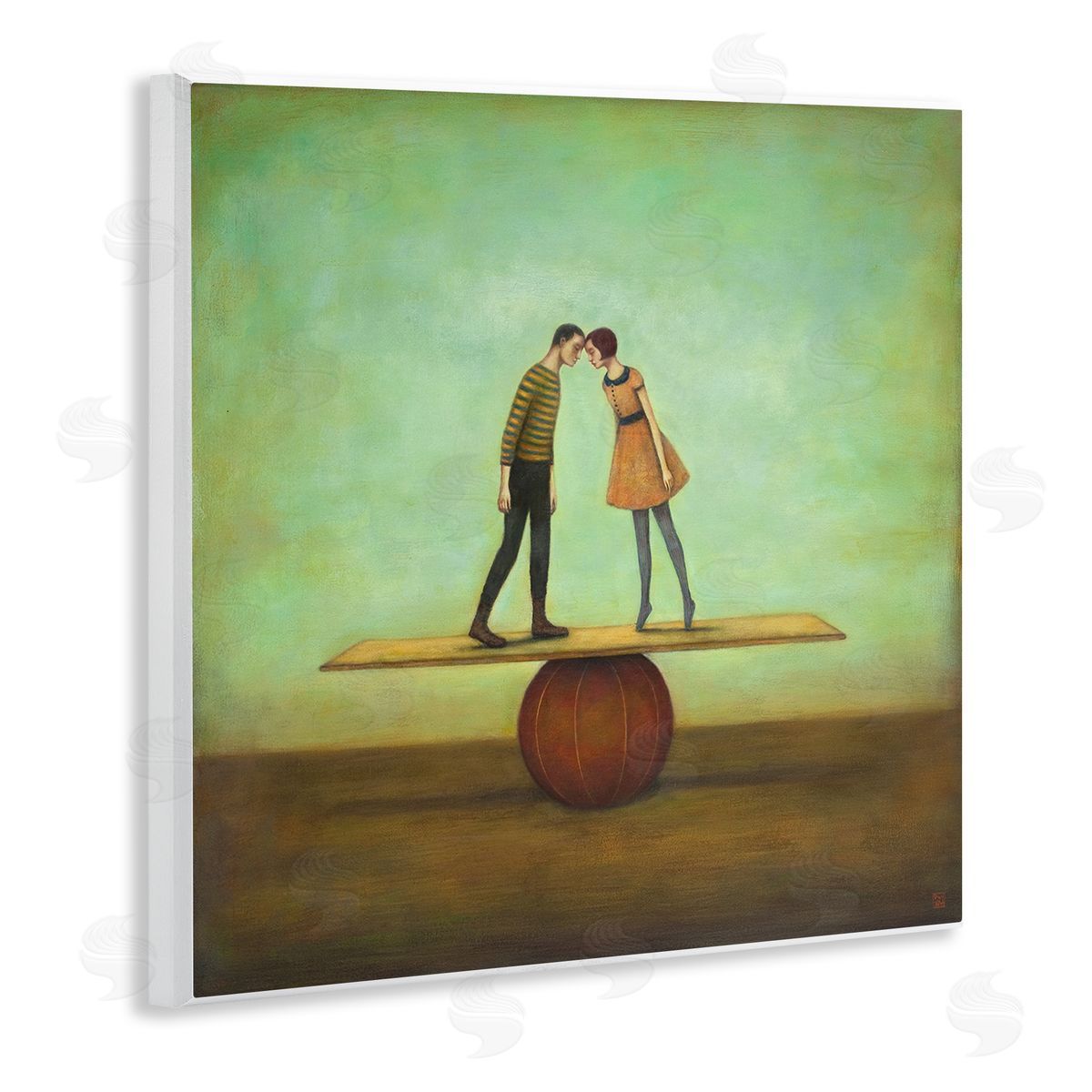 Duy Huynh Surreal People Balancing Red Ball Together Painting  Wooden Wall Plaque Art Print