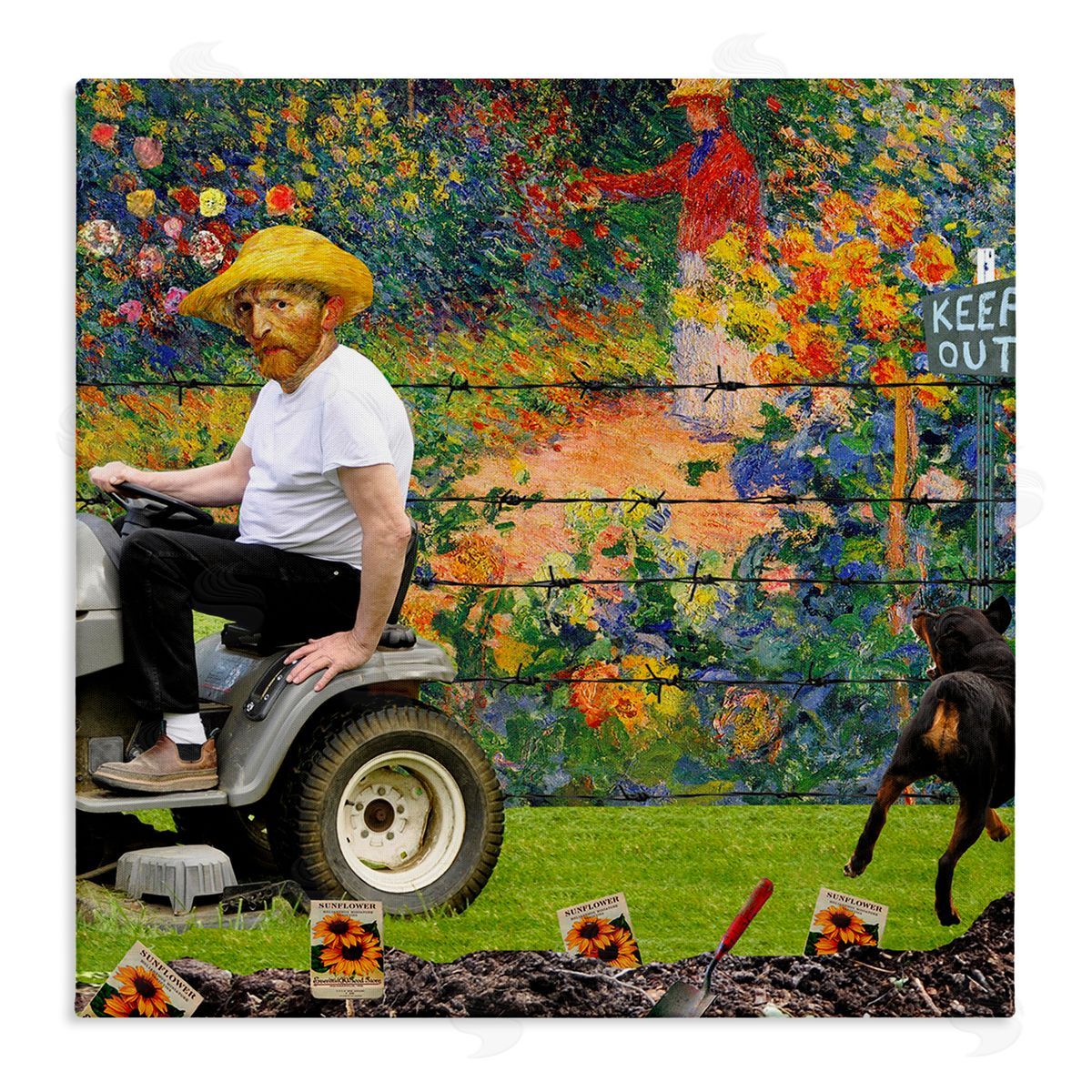 Barry Kite Van Gogh Gardening Flowers Farmer Dog Collage  Stretched Canvas Wall Art Print