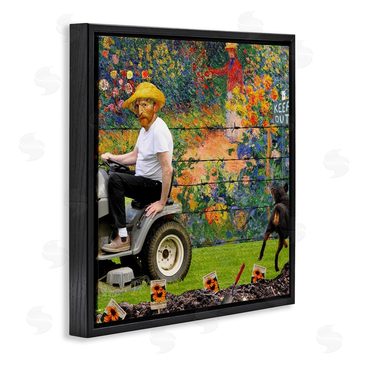 Barry Kite Van Gogh Gardening Flowers Farmer Dog Collage  Black Floating Frame Canvas Wall Art Print