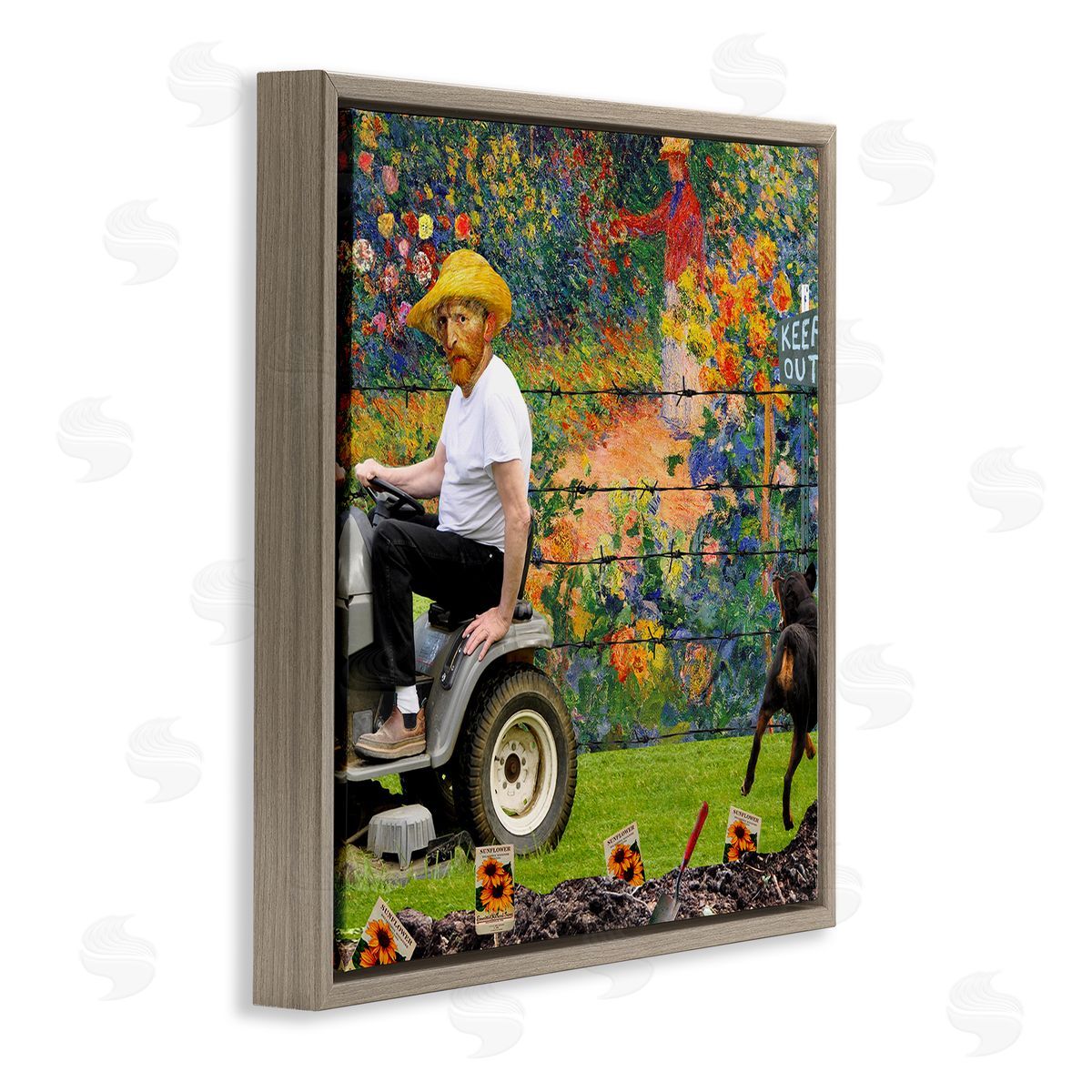 Barry Kite Van Gogh Gardening Flowers Farmer Dog Collage  Brown Floating Frame Canvas Wall Art Print