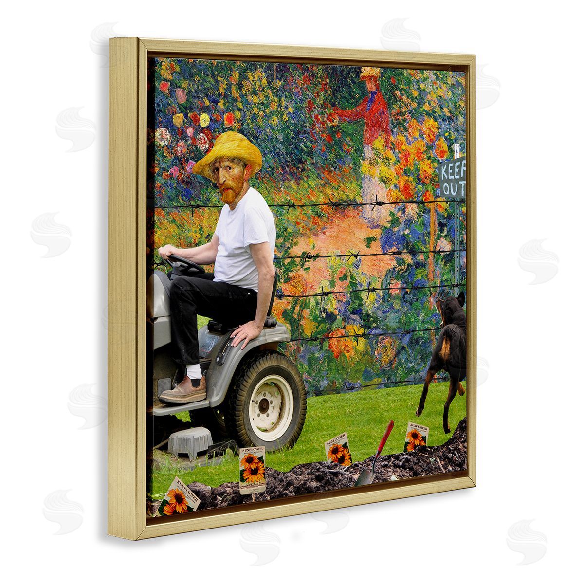 Barry Kite Van Gogh Gardening Flowers Farmer Dog Collage  Gold Floating Frame Canvas Wall Art Print
