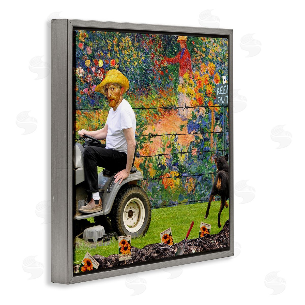 Barry Kite Van Gogh Gardening Flowers Farmer Dog Collage  Gray Floating Frame Canvas Wall Art Print
