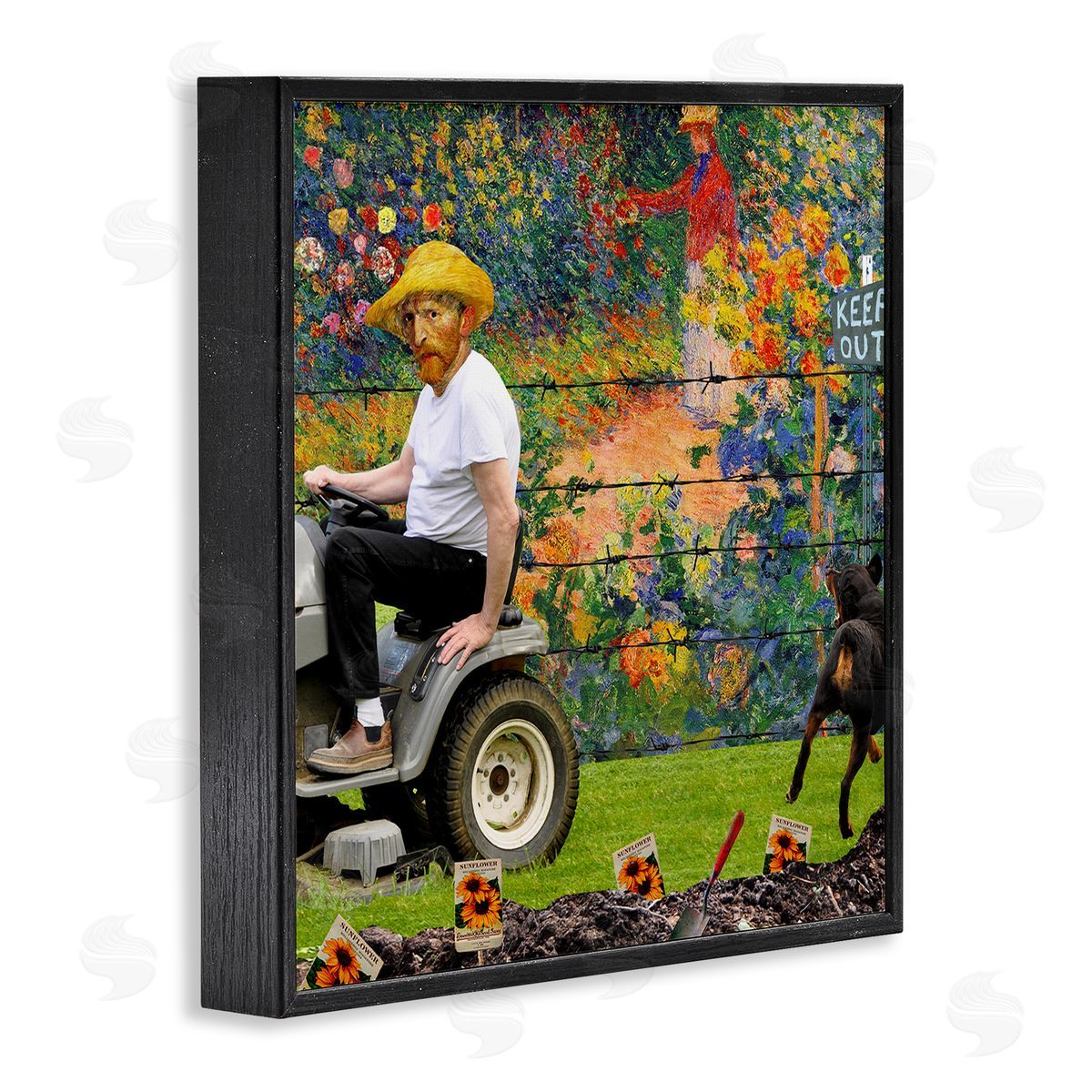 Barry Kite Van Gogh Gardening Flowers Farmer Dog Collage  Black Framed Glicee Wall Art Print
