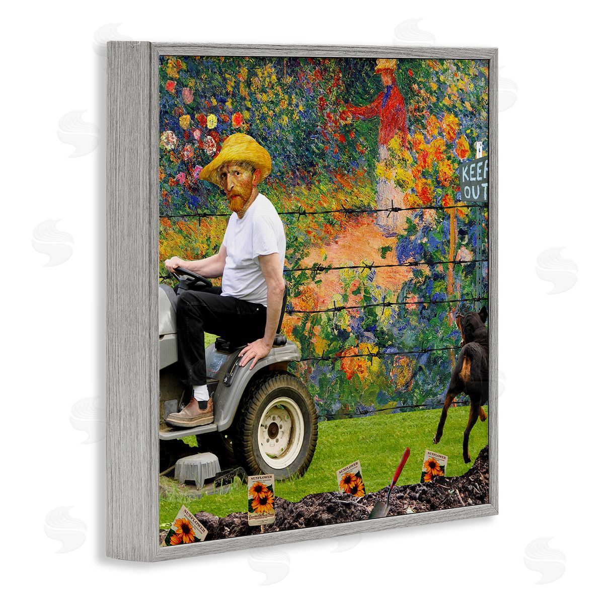 Barry Kite Van Gogh Gardening Flowers Farmer Dog Collage  Gray Framed Glicee Wall Art Print