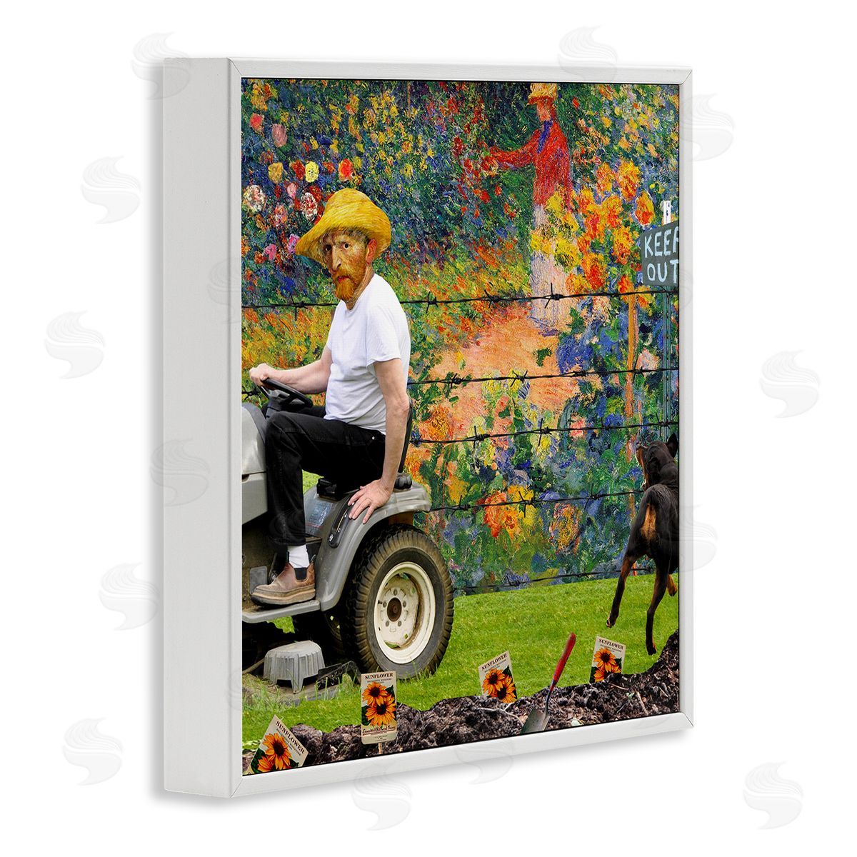 Barry Kite Van Gogh Gardening Flowers Farmer Dog Collage  White Framed Glicee Wall Art Print