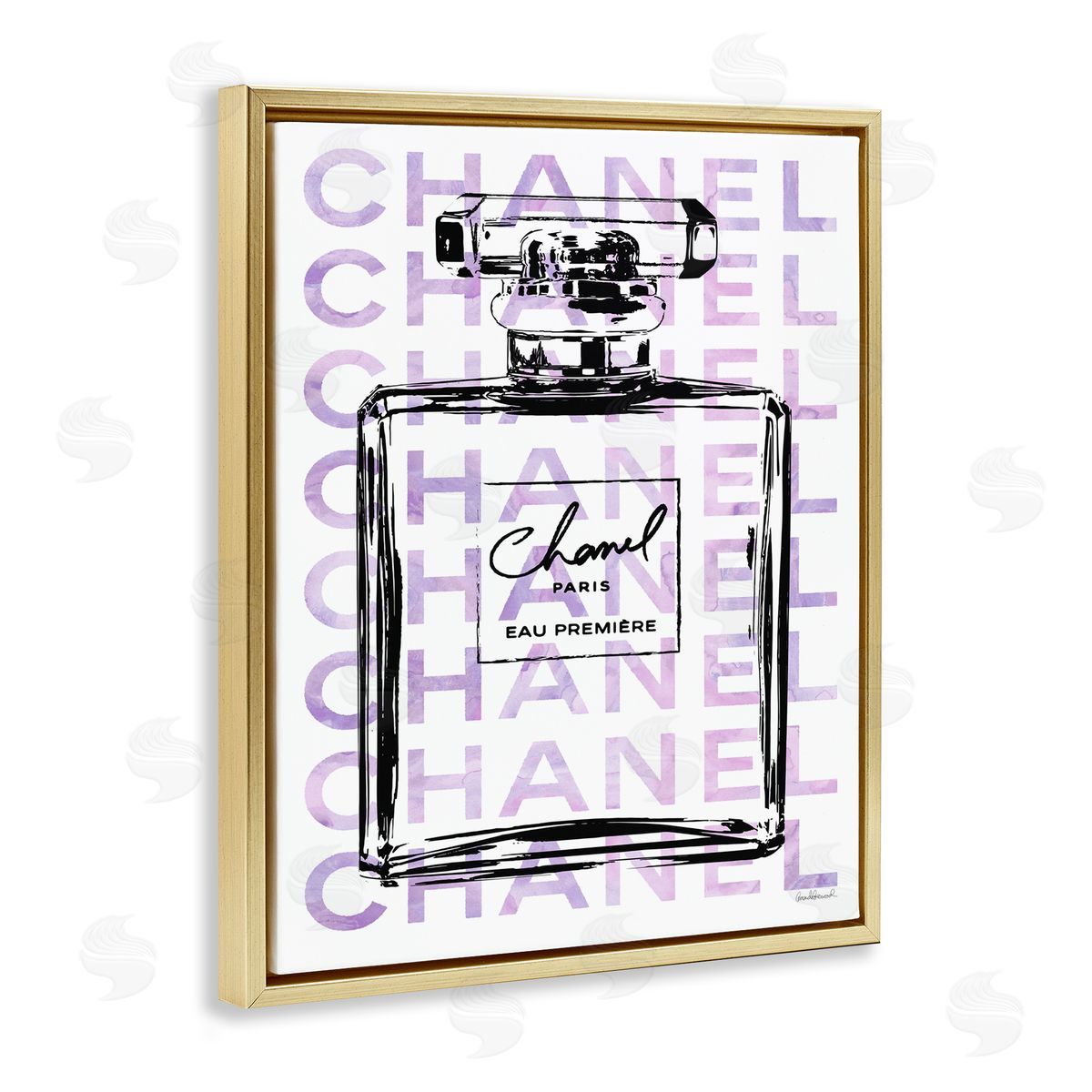 Glam Black Purple Perfume Bottle Gold Floating Frame Canvas Wall Art, Home Decor by Amanda Greenwood