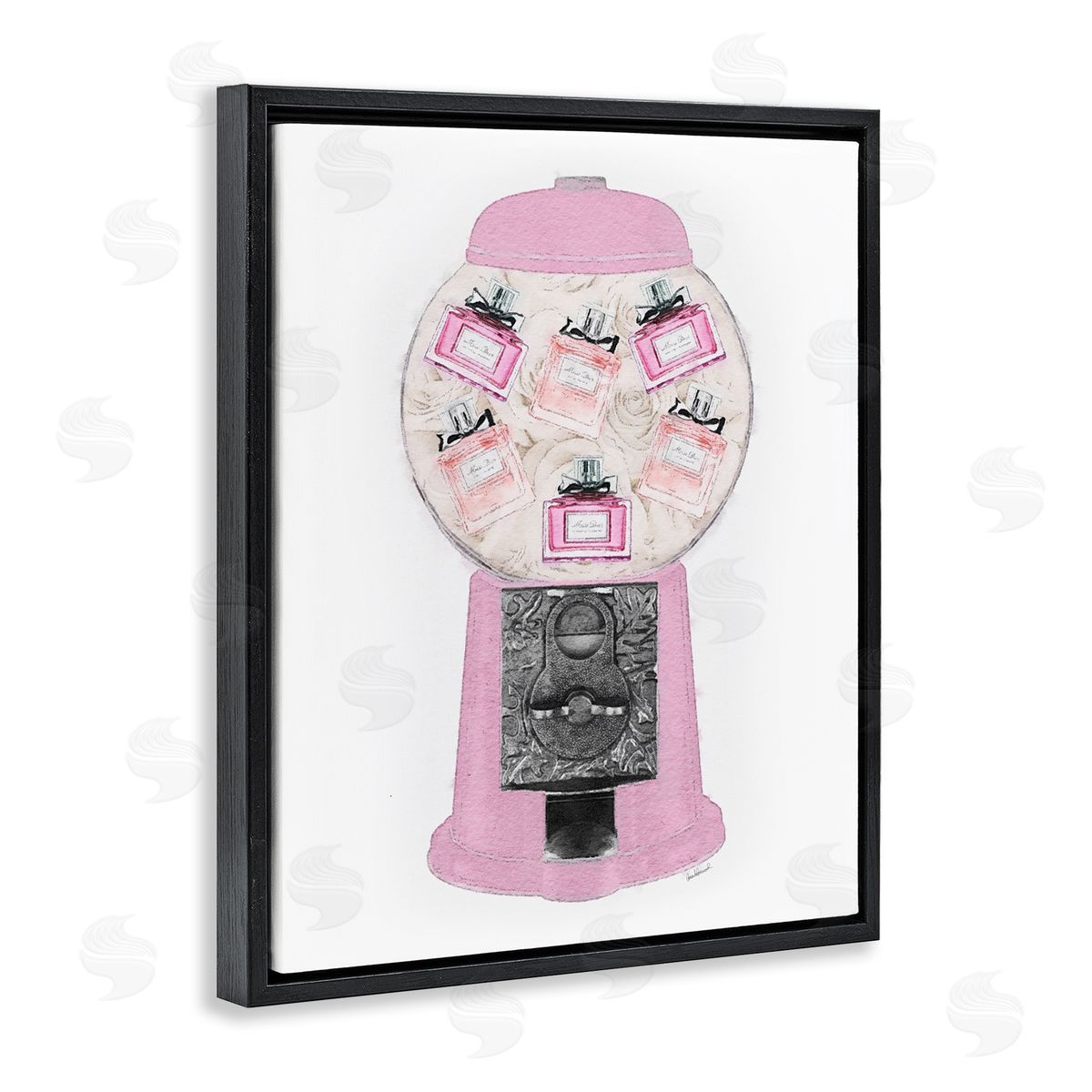 Amanda Greenwood Pink Gumball Machine Glamer Perfume Bottles  Black Floating Frame Canvas Wall Art Print