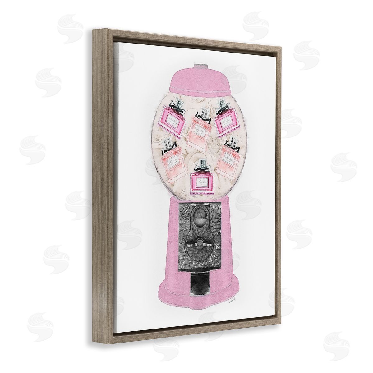 Amanda Greenwood Pink Gumball Machine Glamer Perfume Bottles  Brown Floating Frame Canvas Wall Art Print