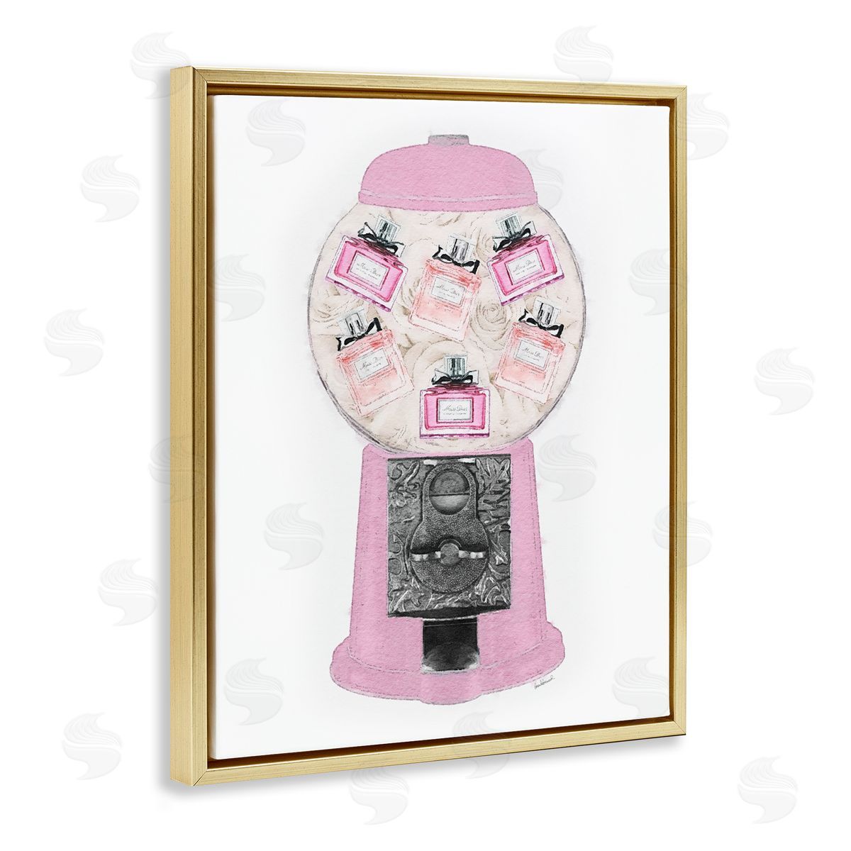 Amanda Greenwood Pink Gumball Machine Glamer Perfume Bottles  Gold Floating Frame Canvas Wall Art Print