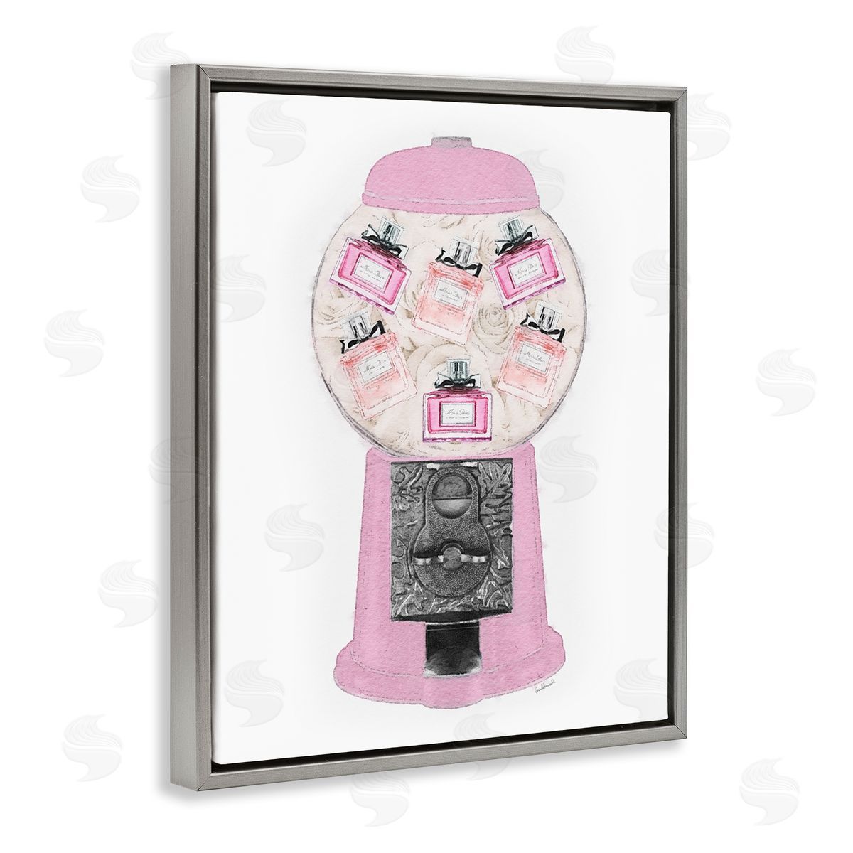 Amanda Greenwood Pink Gumball Machine Glamer Perfume Bottles  Gray Floating Frame Canvas Wall Art Print