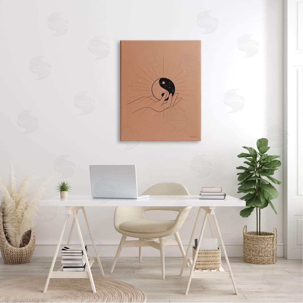 Rachel Nieman Brown Yin Yang Harmony Symbol Palm Hand  Canvas Wall Art Print in Room