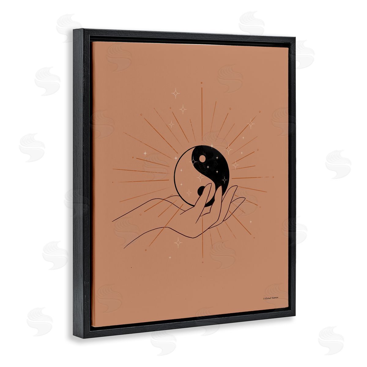 Rachel Nieman Brown Yin Yang Harmony Symbol Palm Hand  Black Floating Frame Canvas Wall Art Print
