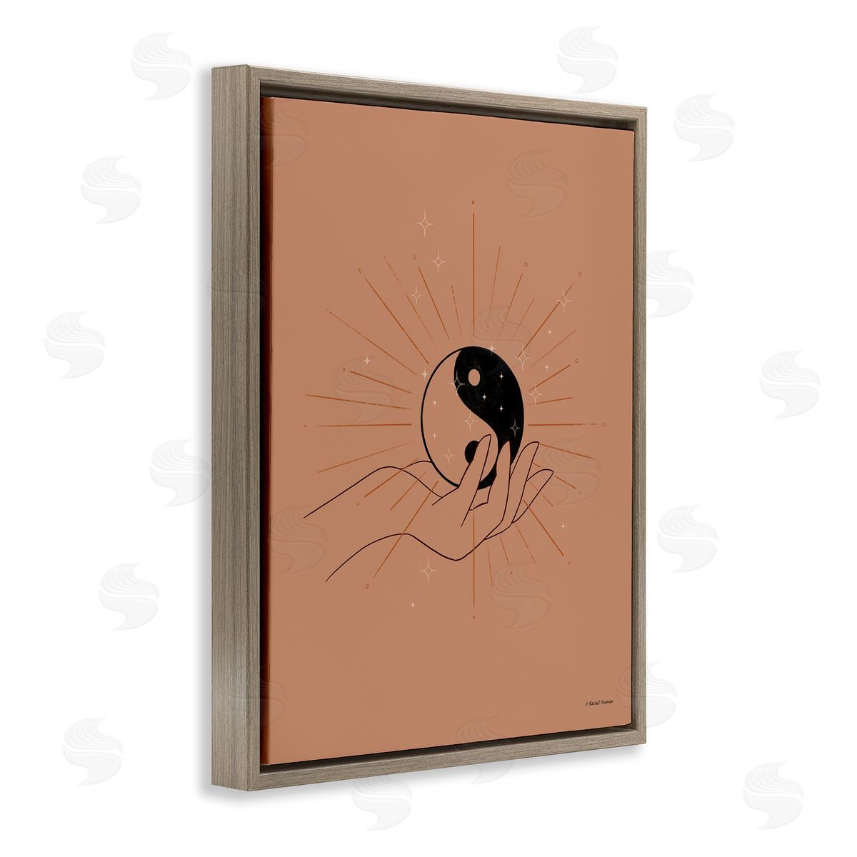 Rachel Nieman Brown Yin Yang Harmony Symbol Palm Hand  Brown Floating Frame Canvas Wall Art Print