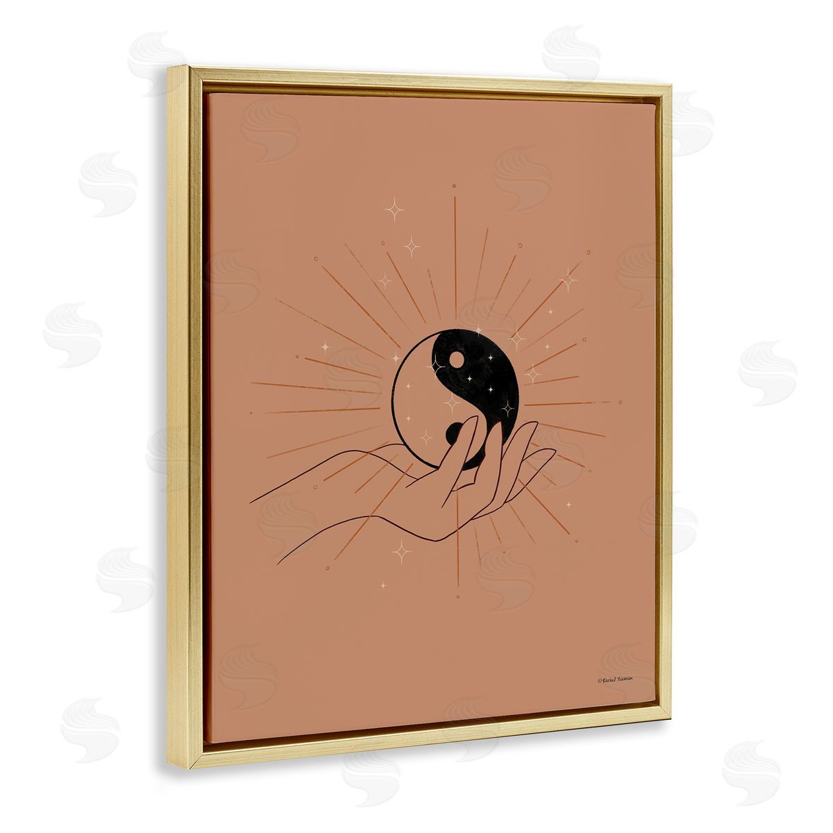 Rachel Nieman Brown Yin Yang Harmony Symbol Palm Hand  Gold Floating Frame Canvas Wall Art Print