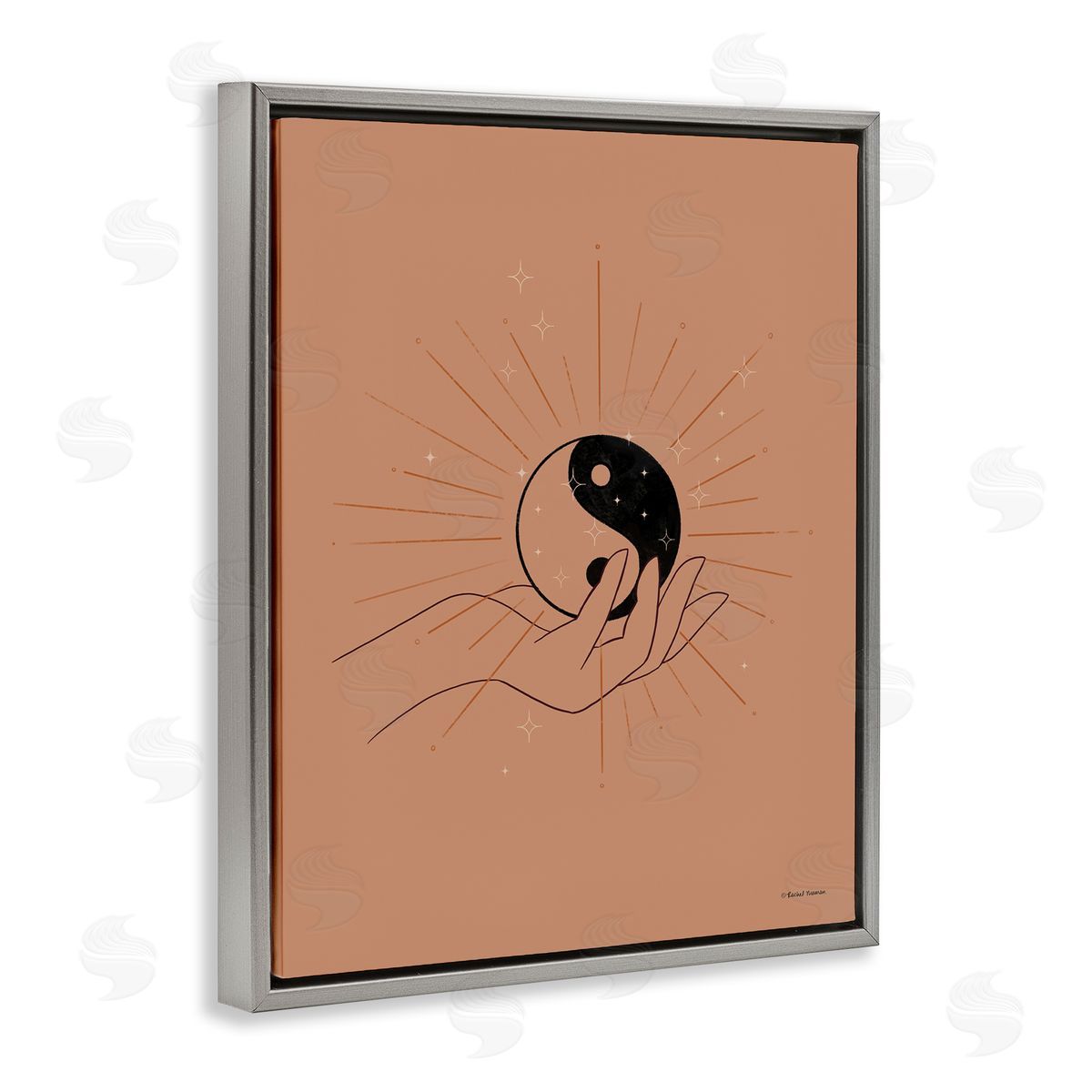 Rachel Nieman Brown Yin Yang Harmony Symbol Palm Hand  Gray Floating Frame Canvas Wall Art Print