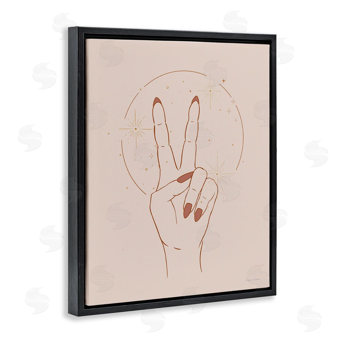 Rachel Nieman Casual Peace Sign Hand Symbol Painted Nails  Black Floating Frame Canvas Wall Art Print