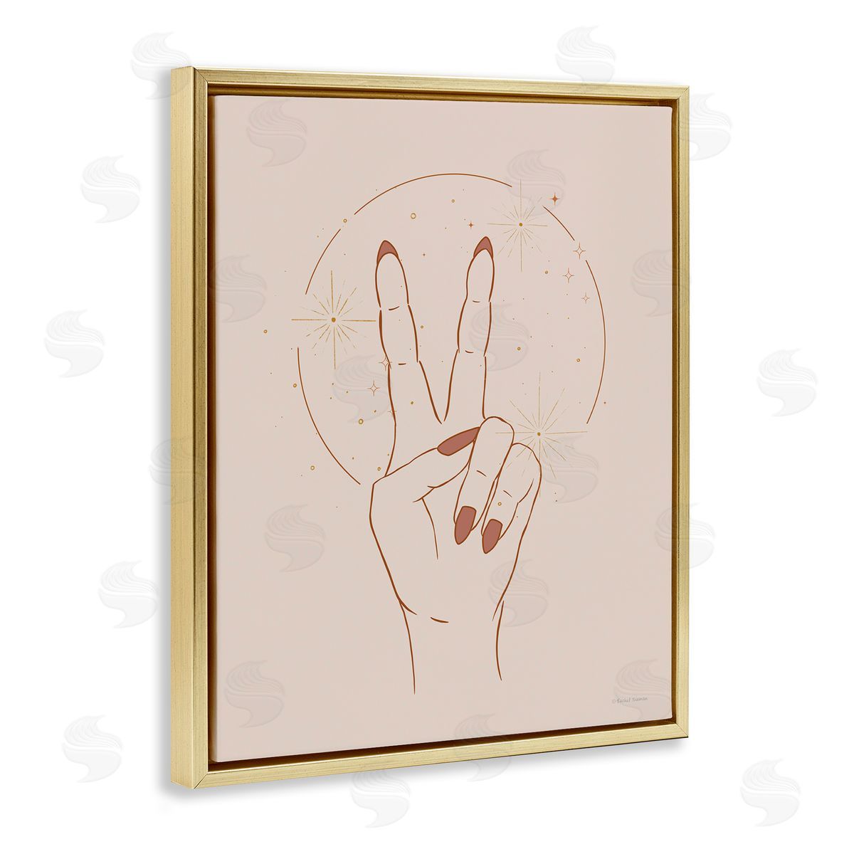 Rachel Nieman Casual Peace Sign Hand Symbol Painted Nails  Gold Floating Frame Canvas Wall Art Print