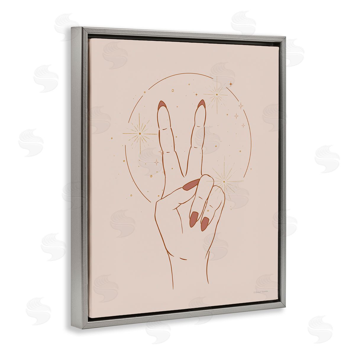 Rachel Nieman Casual Peace Sign Hand Symbol Painted Nails  Gray Floating Frame Canvas Wall Art Print