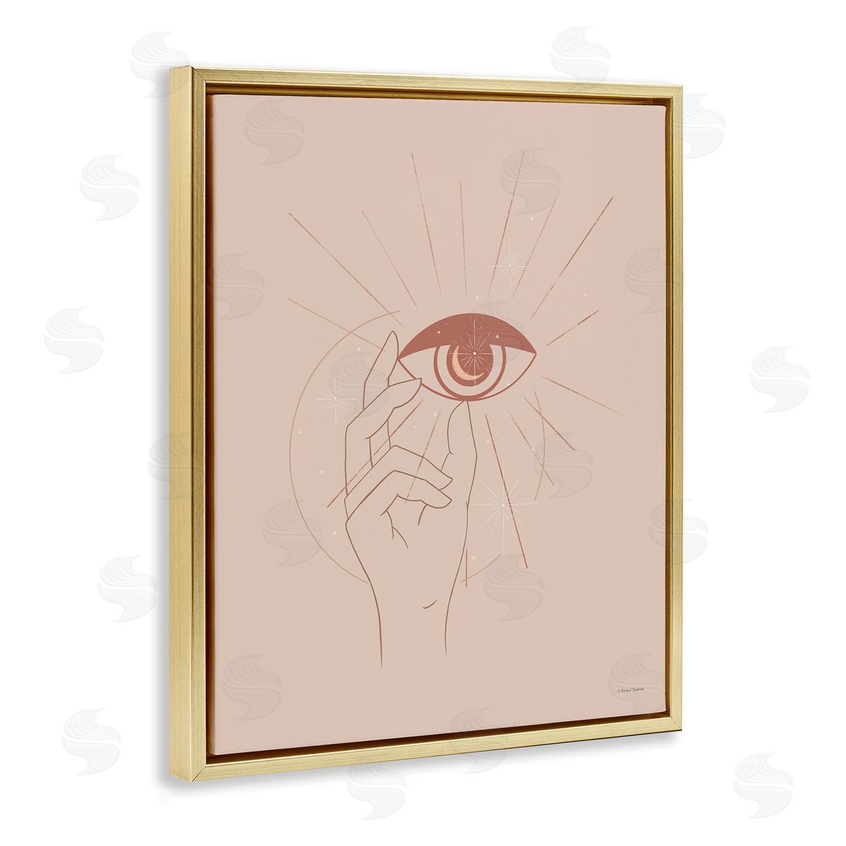 Rachel Nieman Hand Reaching Eye Brown Solar Rays Symbol  Gold Floating Frame Canvas Wall Art Print