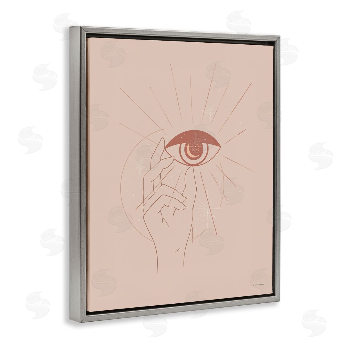 Rachel Nieman Hand Reaching Eye Brown Solar Rays Symbol  Gray Floating Frame Canvas Wall Art Print