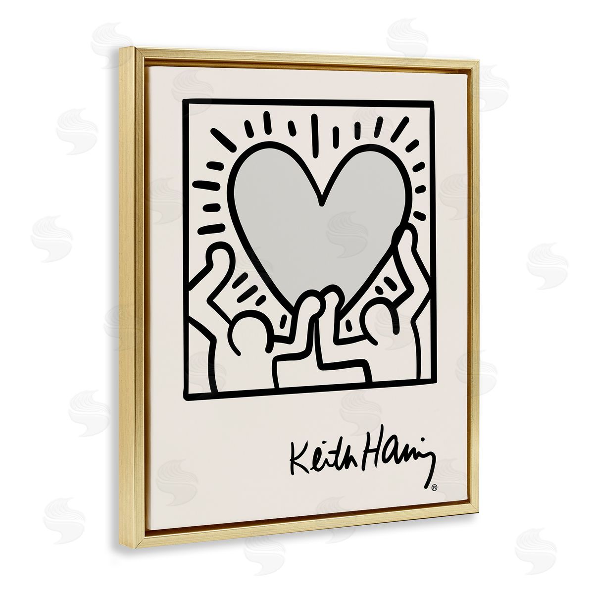 Classic Heart Symbol Keith Haring Gold Floating Frame Canvas Wall Art, Home Decor by Ros Ruseva