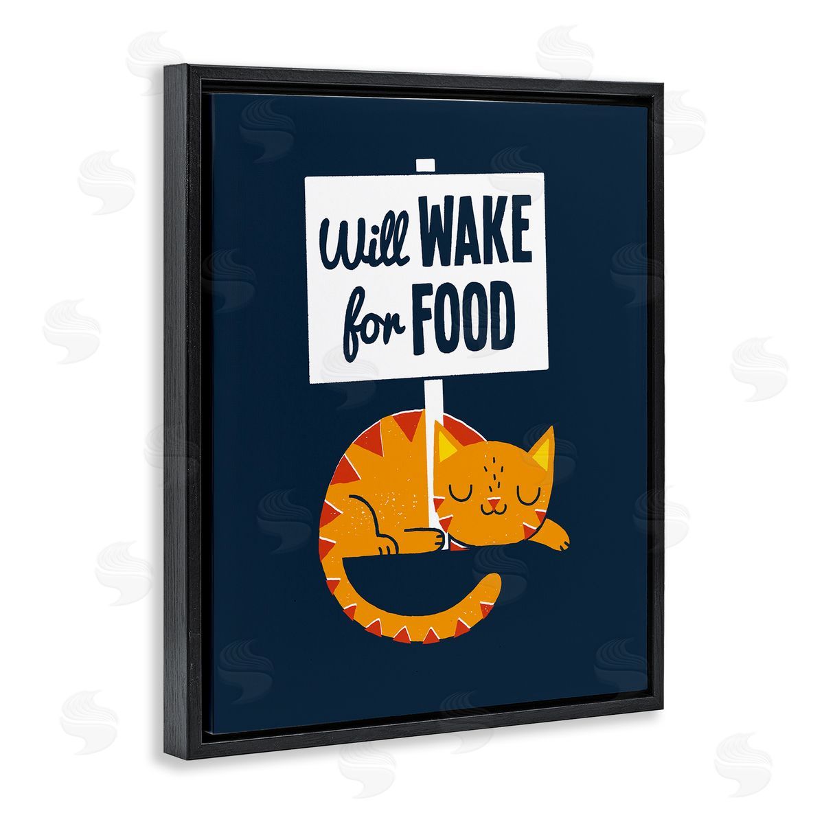 Michael Buxton Quirky Will Wake For Food Sleeping Cat Sign  Black Floating Frame Canvas Wall Art Print