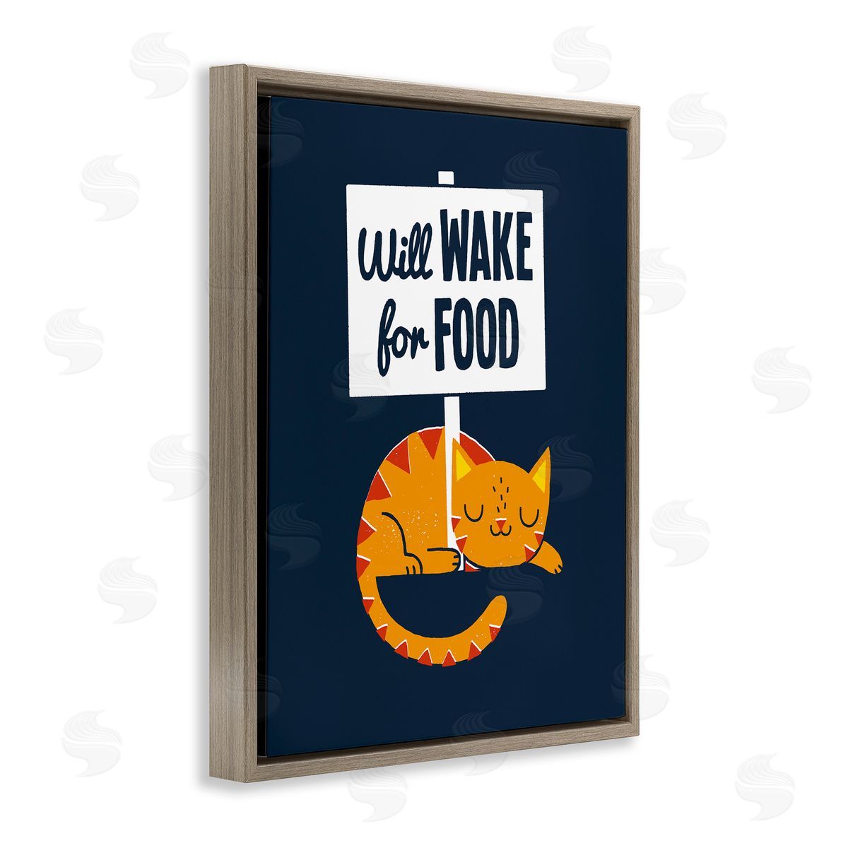 Michael Buxton Quirky Will Wake For Food Sleeping Cat Sign  Brown Floating Frame Canvas Wall Art Print