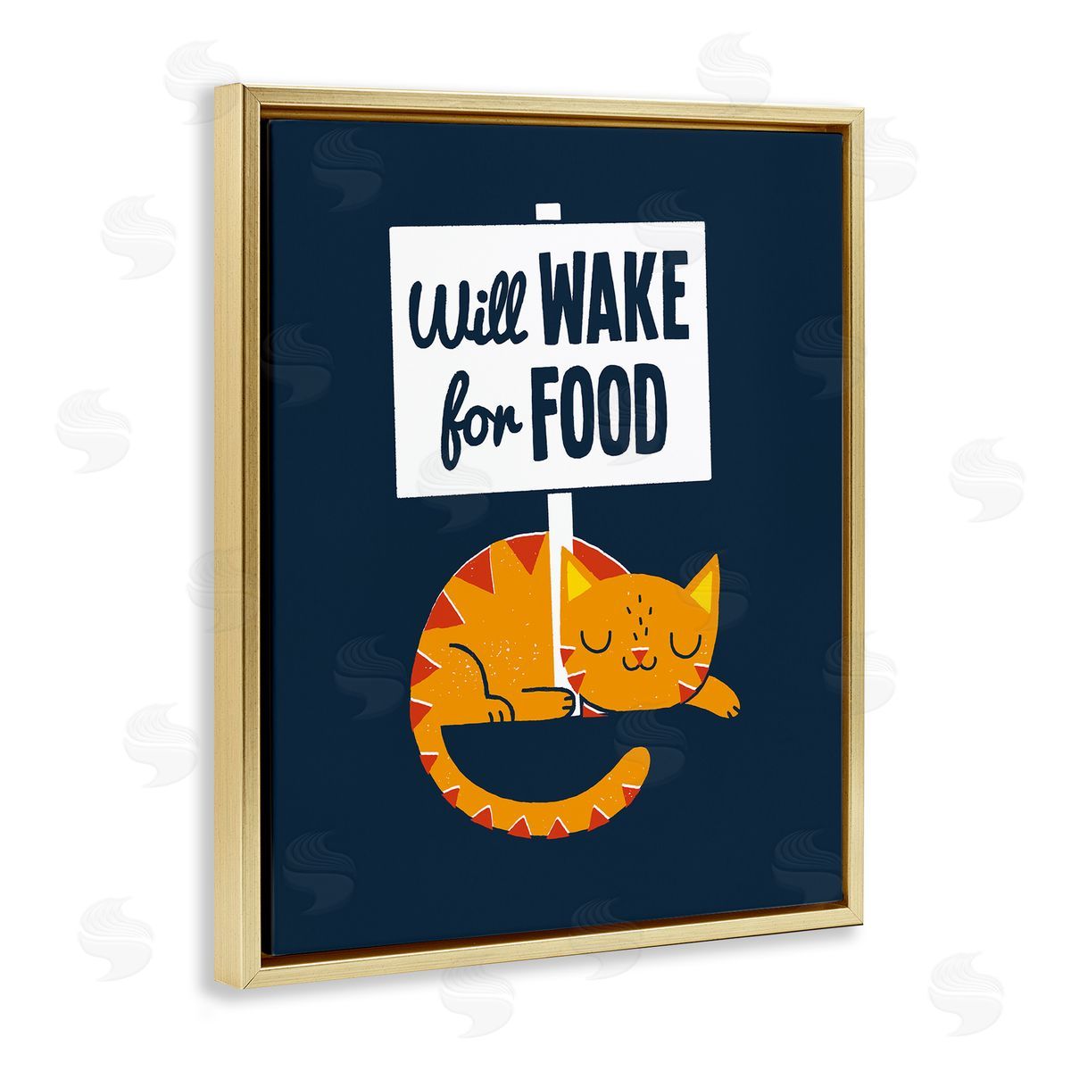 Michael Buxton Quirky Will Wake For Food Sleeping Cat Sign  Gold Floating Frame Canvas Wall Art Print