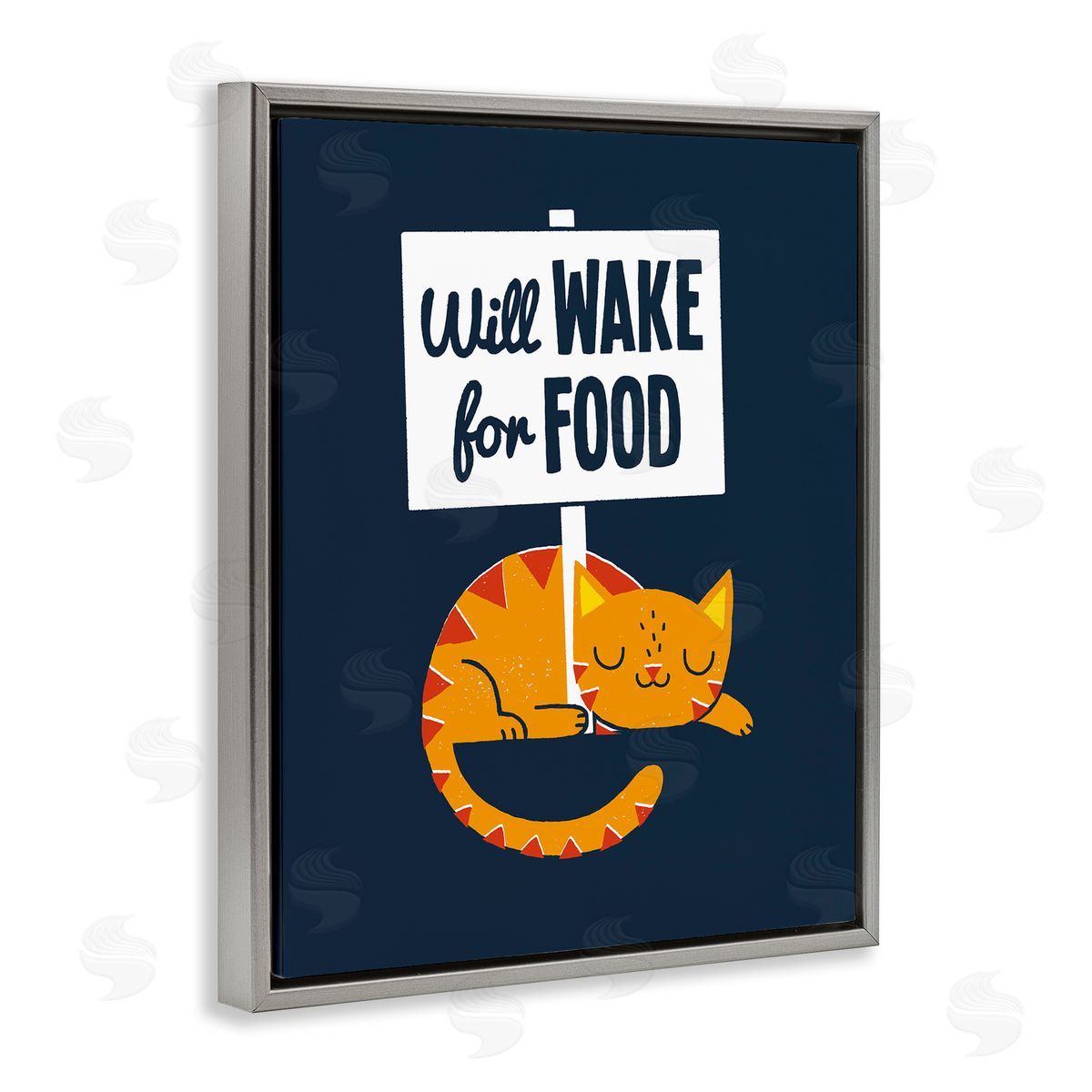 Michael Buxton Quirky Will Wake For Food Sleeping Cat Sign  Gray Floating Frame Canvas Wall Art Print