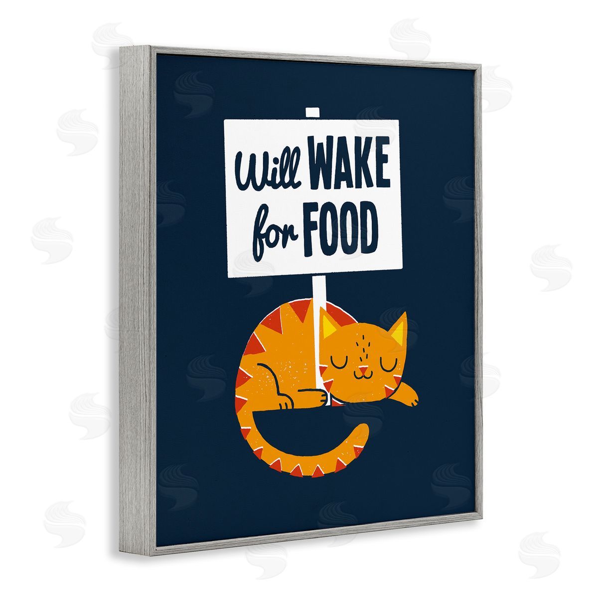 Michael Buxton Quirky Will Wake For Food Sleeping Cat Sign  Gray Framed Giclee Wall Art Print