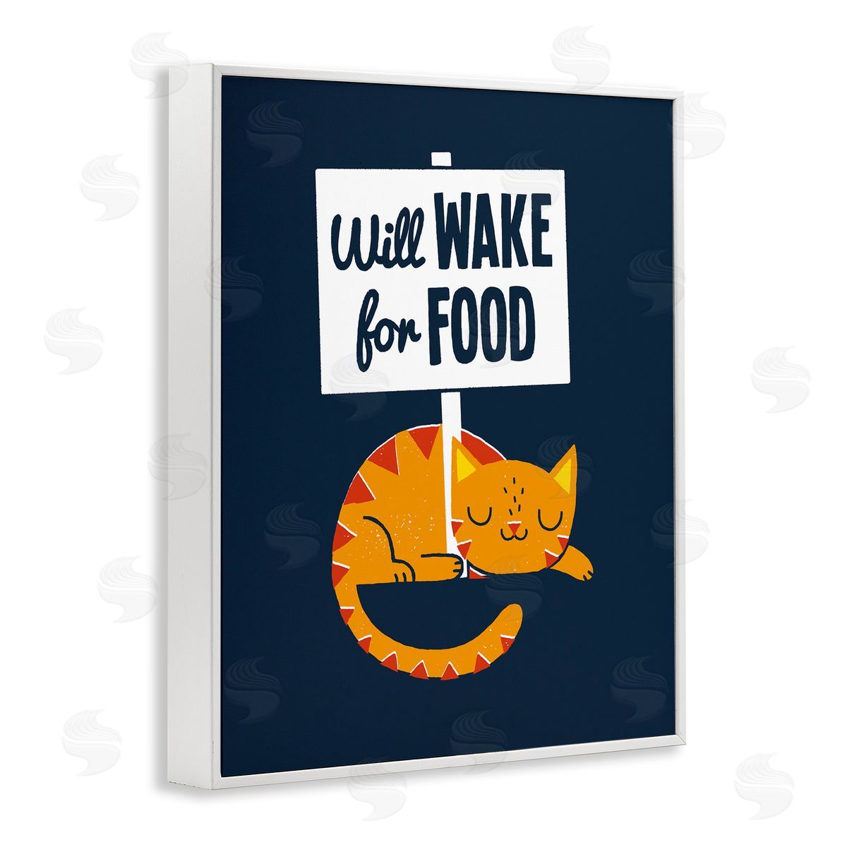 Michael Buxton Quirky Will Wake For Food Sleeping Cat Sign  White Framed Giclee Wall Art Print