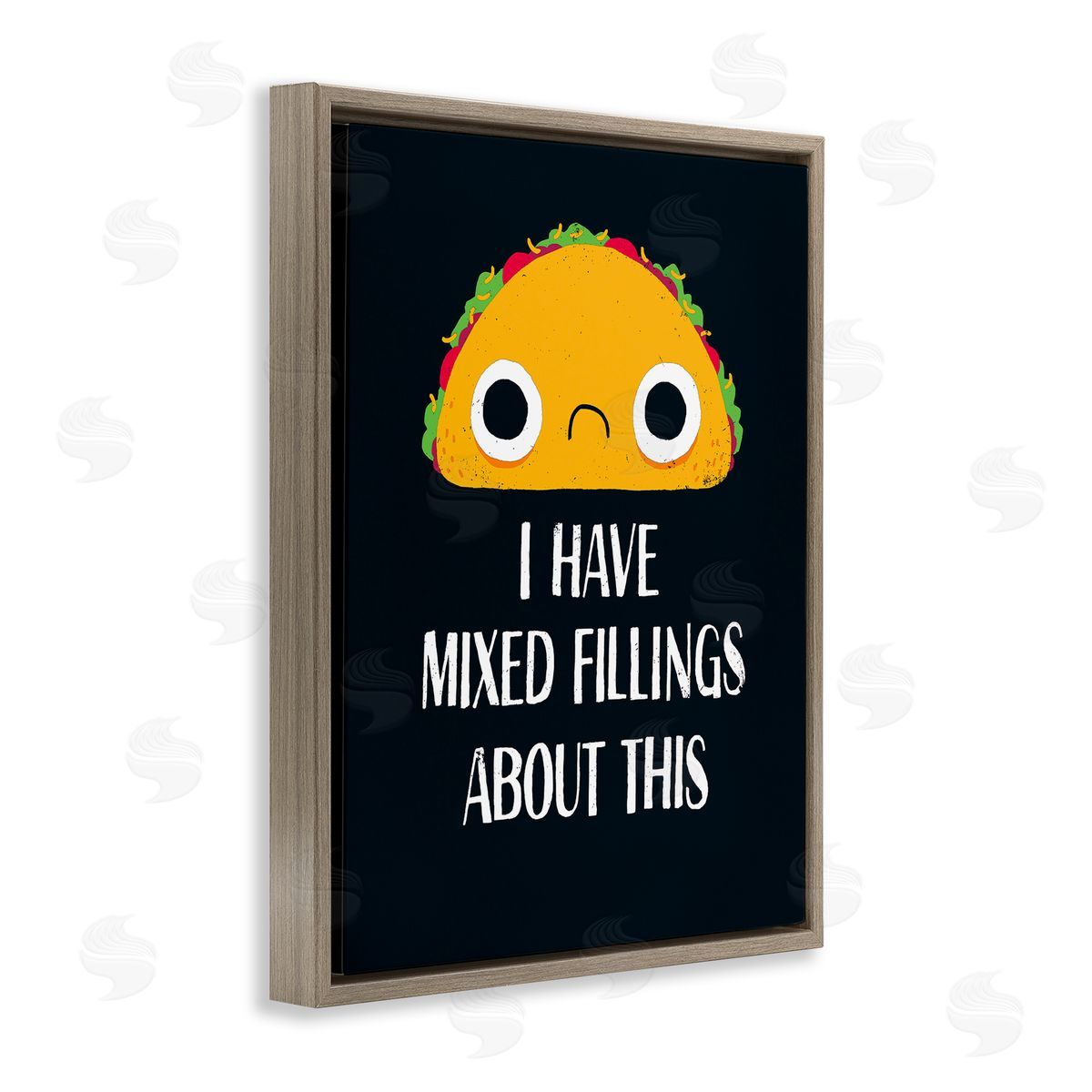 Michael Buxton Mixed Feelings Frowning Taco Bold Typography Illustration Brown Floating Frame Canvas Wall Art Print