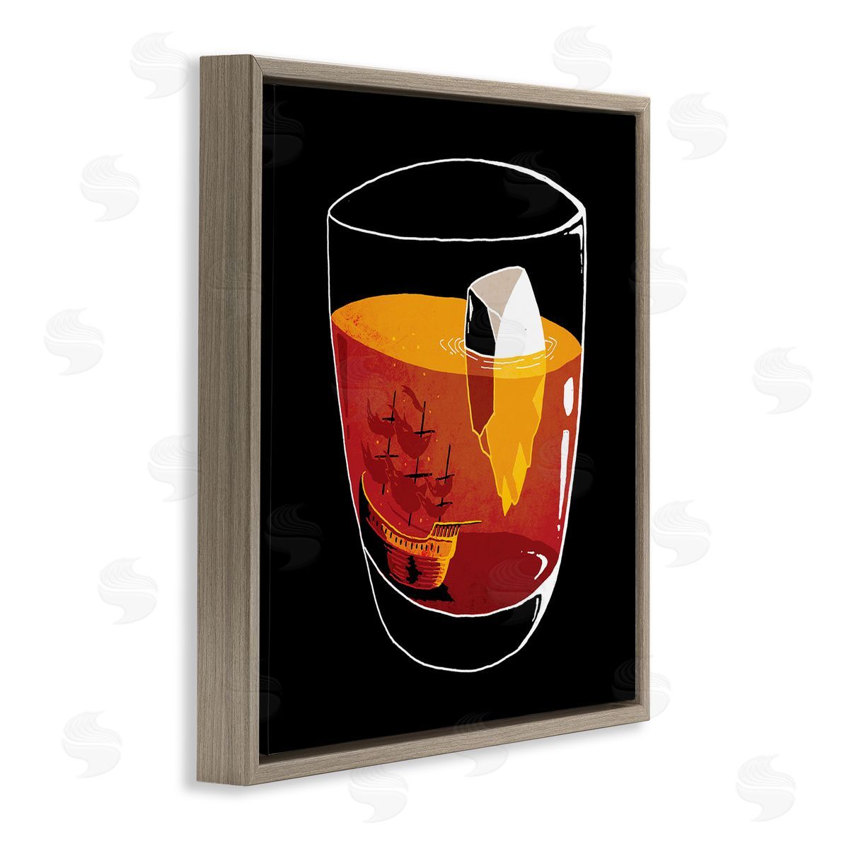 Michael Buxton Clever Iceberg Ship Beverage Drinking Glass Illustration  Brown Floating Frame Canvas Wall Art Print