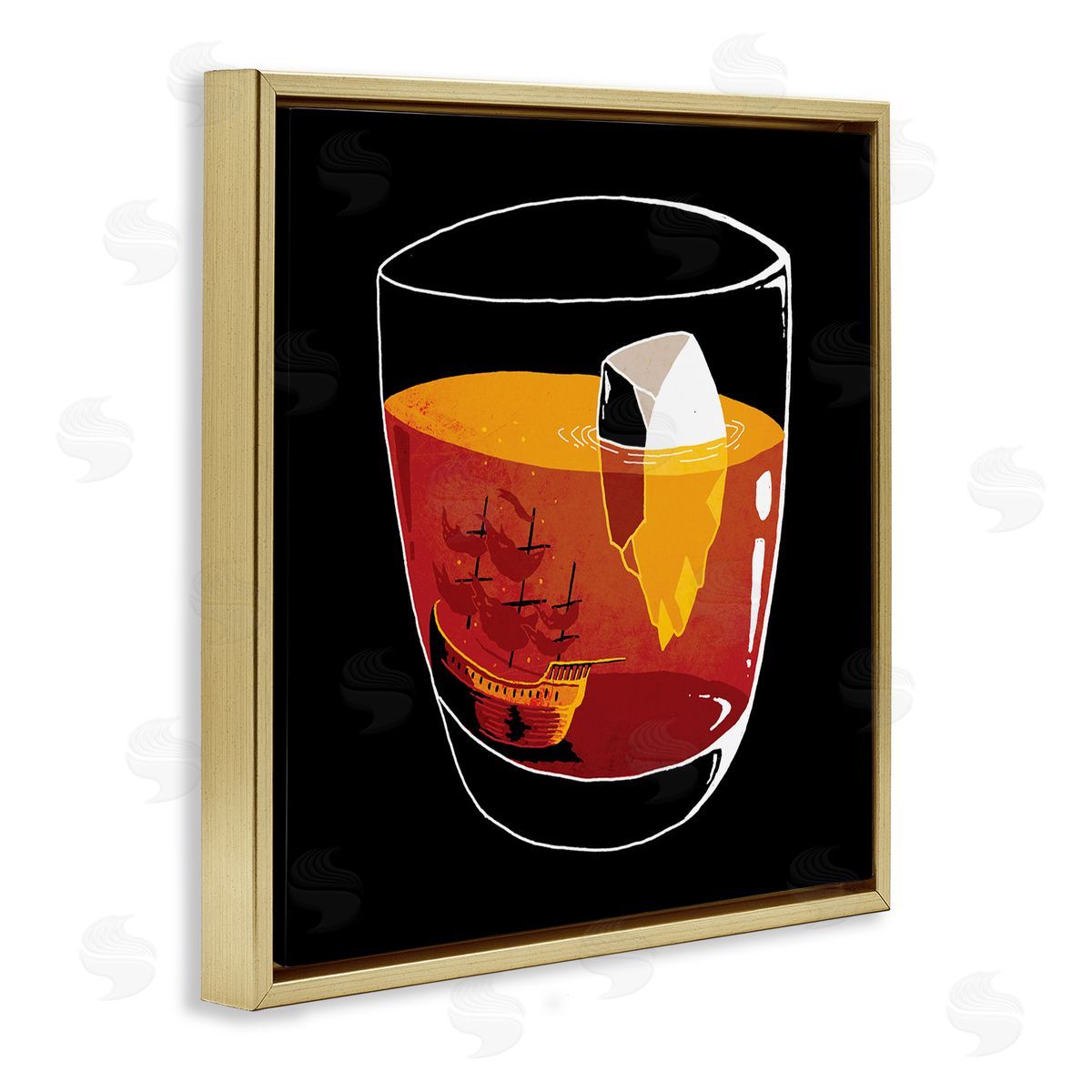 Michael Buxton Clever Iceberg Ship Beverage Drinking Glass Illustration  Gold Floating Frame Canvas Wall Art Print