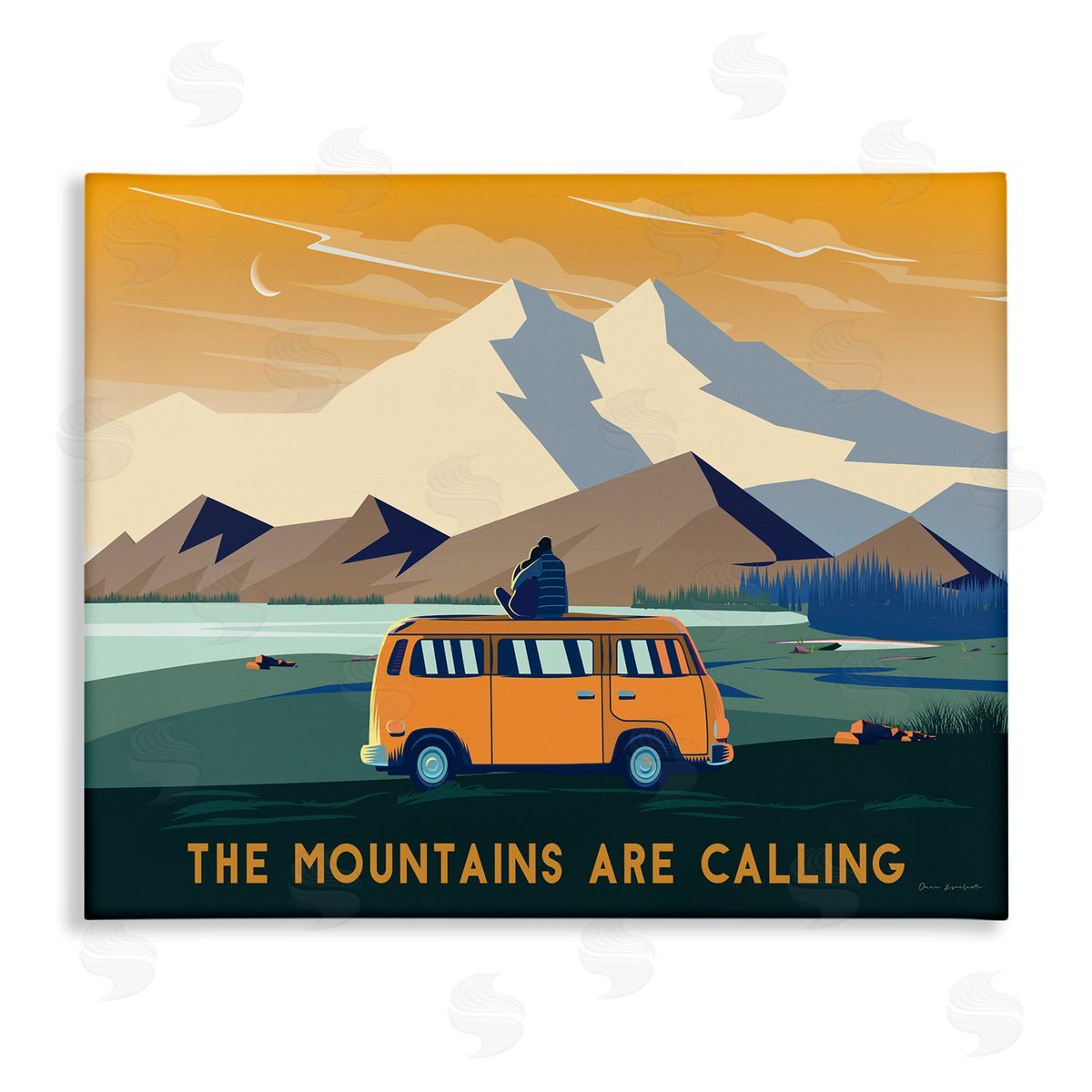 Omar Escalante Mountains Are Calling Bold Orange Van Travel Explore Quote  Stretched Canvas Wall Art Print