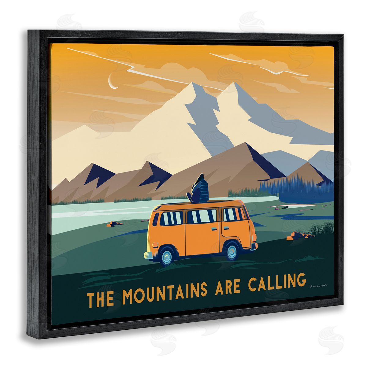 Omar Escalante Mountains Are Calling Bold Orange Van Travel Explore Quote  Black Floating Frame Canvas Wall Art Print