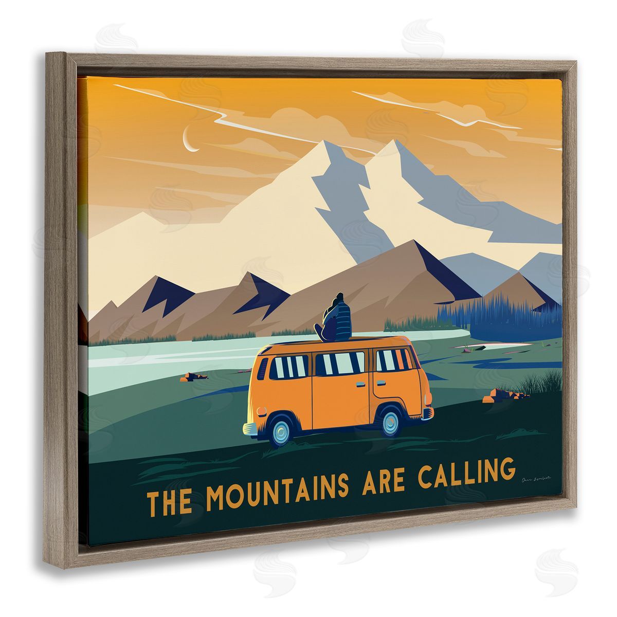 Omar Escalante Mountains Are Calling Bold Orange Van Travel Explore Quote  Brown Floating Frame Canvas Wall Art Print