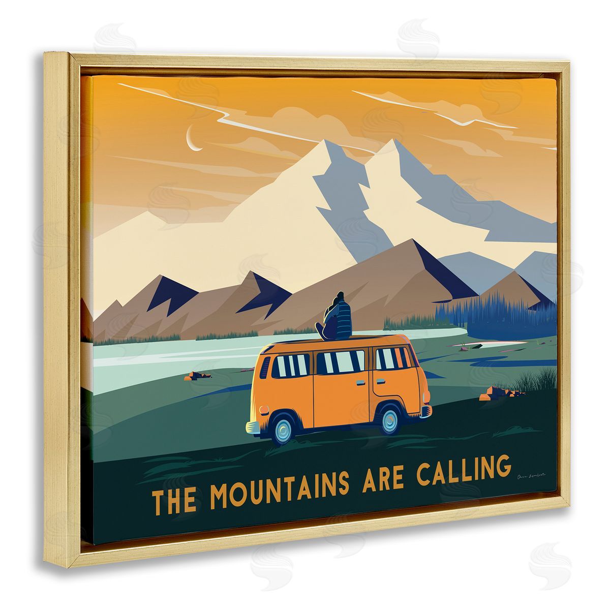 Omar Escalante Mountains Are Calling Bold Orange Van Travel Explore Quote  Gold Floating Frame Canvas Wall Art Print