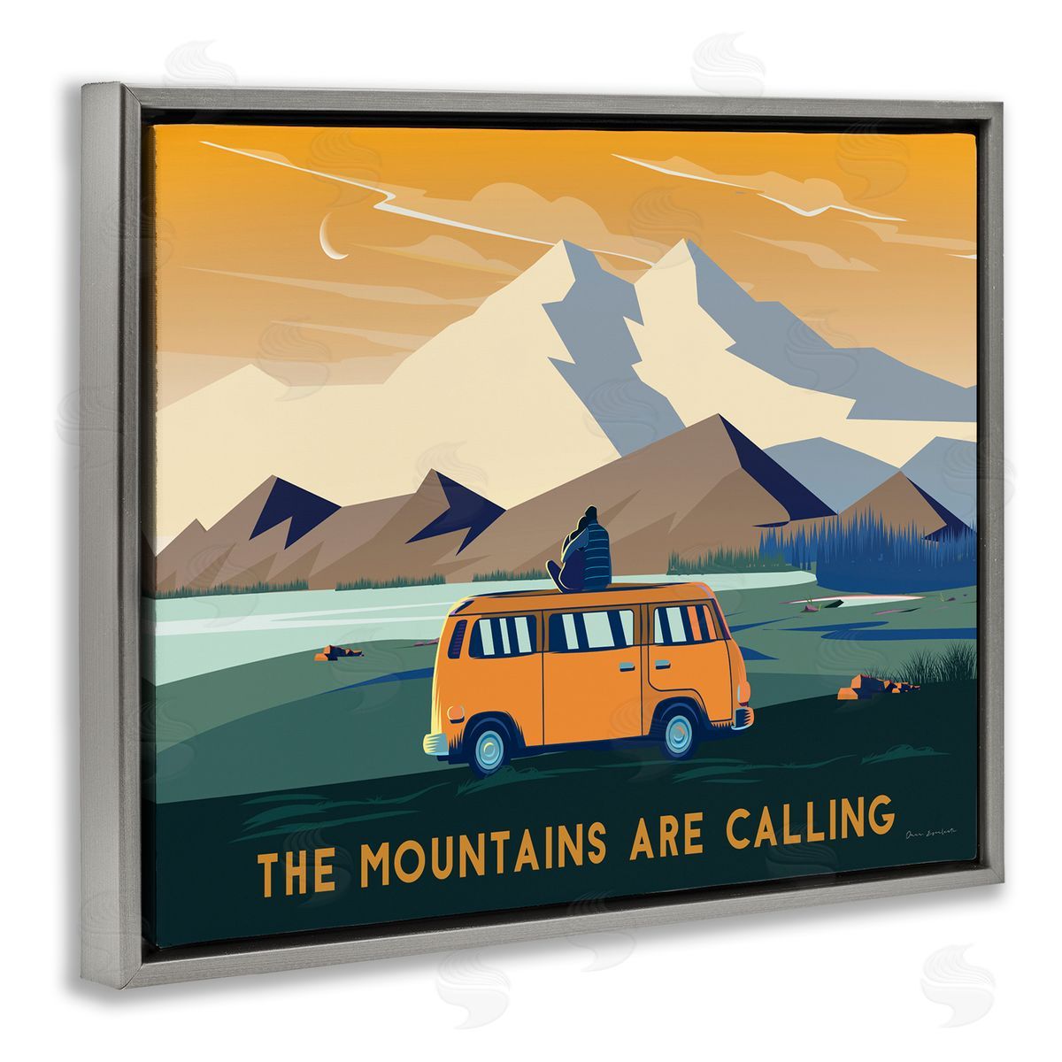 Omar Escalante Mountains Are Calling Bold Orange Van Travel Explore Quote  Gray Floating Frame Canvas Wall Art Print
