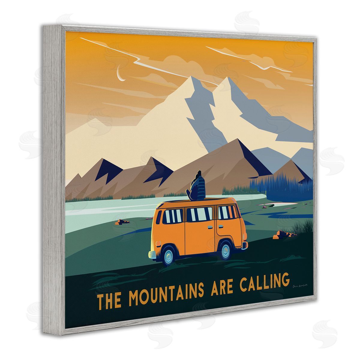 Omar Escalante Mountains Are Calling Bold Orange Van Travel Explore Quote  Gray Framed Giclee Wall Art Print