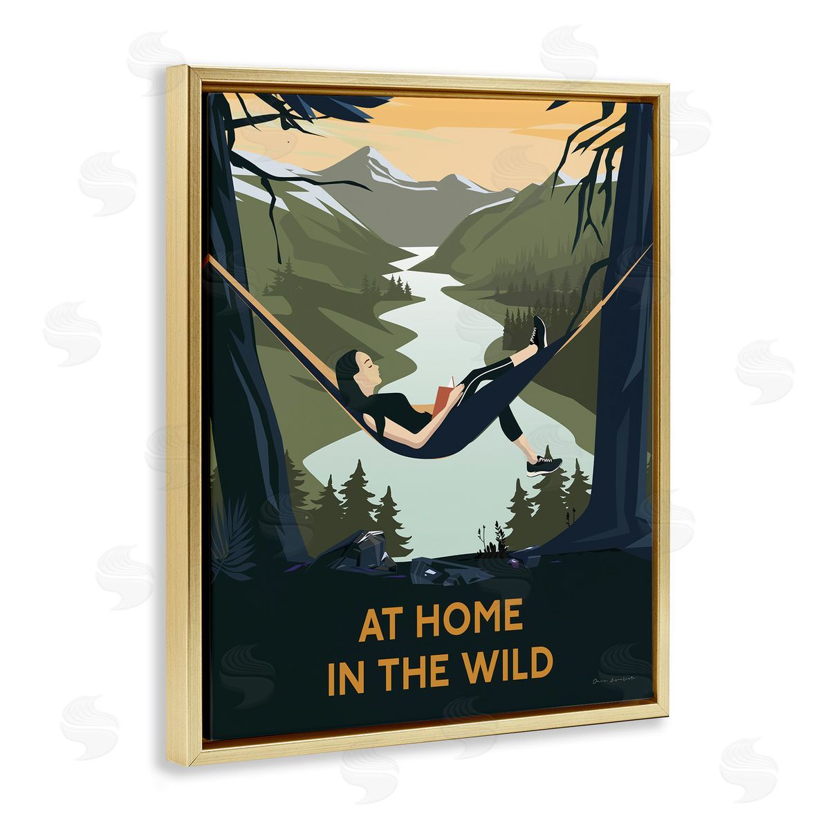 Omar Escalante Home In Wild Mountainside River Landscape Hammock Girl Gold Floating Frame Canvas Wall Art Print