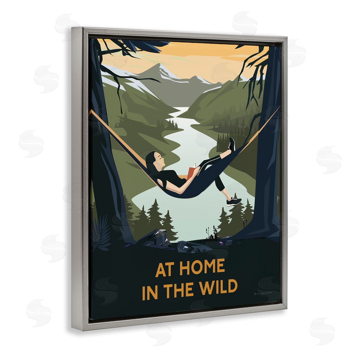 Omar Escalante Home In Wild Mountainside River Landscape Hammock Girl Gray Floating Frame Canvas Wall Art Print