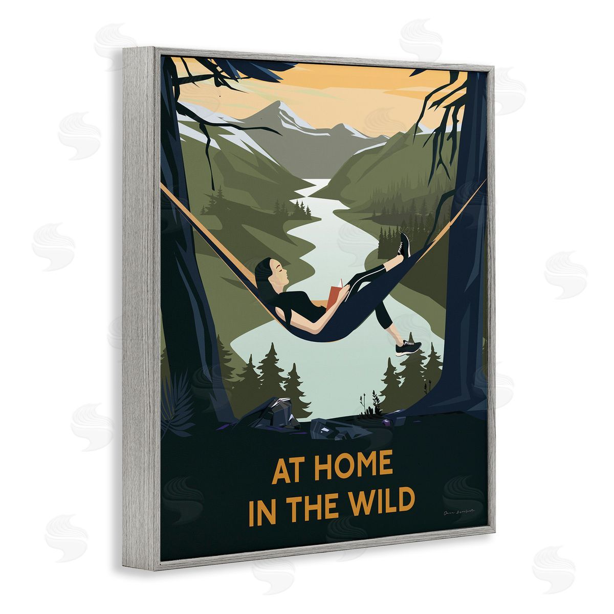 Omar Escalante Home In Wild Mountainside River Landscape Hammock Girl Gray Framed Giclee Wall Art Print